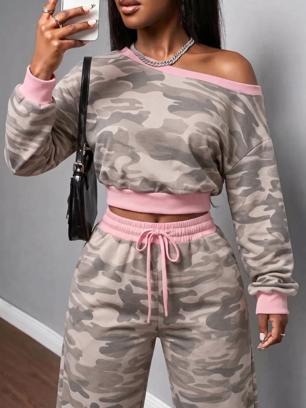 Multicolor Casual Women's Striped One-Shoulder Cropped Top And Pants Set - Picture 5 of 5